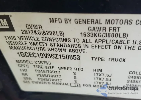 2006 Chevrolet Silverado 1500 Lt1 z USA, uszkodzony, nr VIN 1GCEC19V36Z150853